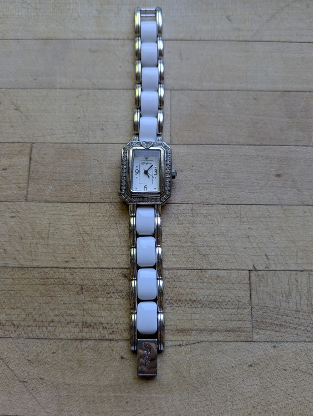 Brighton Encino Two-Tone White Link Silver Tone Watch with Crystal Bezel
